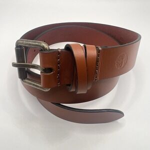 Timberland Leather Belt Small Cognac Brown Brass Tone Buckle Minimalist Classic